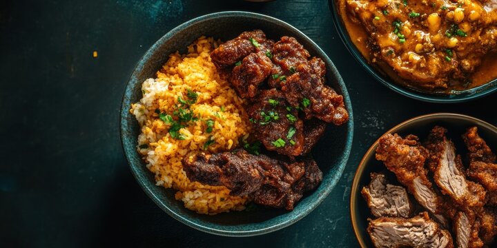 Juneteenth Heritage Feast Artisan Dark Teal Ceramic Bowls with Rich Slow-Cooked BBQ Ribs and Golden Turmeric Rice - Cultural Culinary Storytelling for Modern Foodie Experience