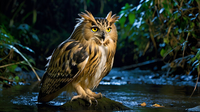 Buffy Fish Owl A buffy fish owl standing motionless by a moonlit forest stream
