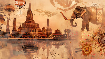 Thailand collage: golden temples, traditional Thai dancers, elephant motifs, intricate silk weaving patterns, floating lanterns, tropical flowers, vibrant gold and pink hues