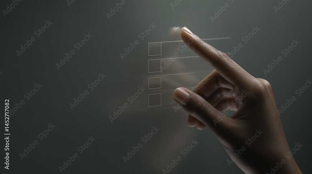 Poster close-up of a hand interacting with a translucent checklist interface, suggesting digital interactio