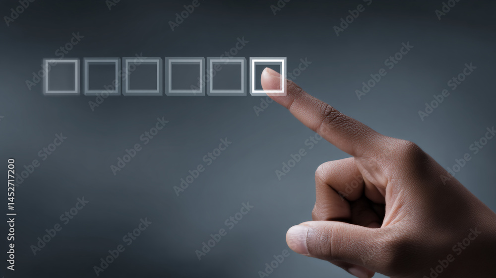 Poster finger interacting with digital interface, selecting an option from a row of blank boxes, showcasing