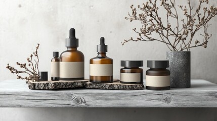 Cosmetic bottles and jars with blank labels on a wooden surface with plant decoration.