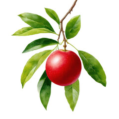 Isolated fresh red apple hanging on a branch with green leaves image on transparent background