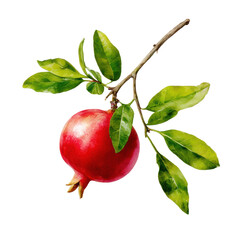 Isolated fresh red pomegranate fruit with leaves on branch artwork art on transparent background