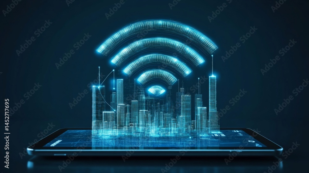 Poster a dynamic image of a wi-fi network diagram on a digital tablet, with various devices connected, emph