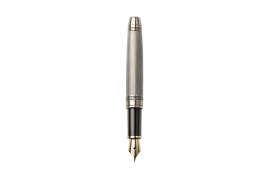 Elegant silver fountain pen with gold nib on a neutral gray background