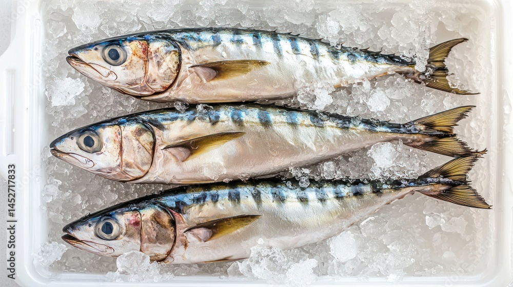 Poster set of whole mackerel packed in plastic crates with crushed ice on white background.