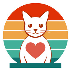 Retro Vintage Cat with Heart – Vector Illustration

