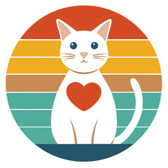 Retro Vintage Cat with Heart – Vector Illustration

