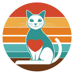 Retro Vintage Cat with Heart – Vector Illustration

