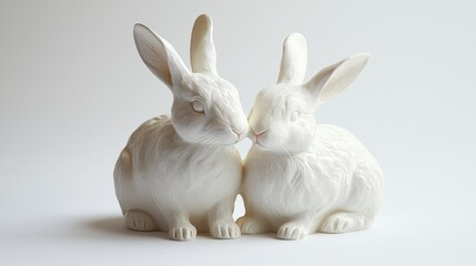 Obraz premium Two white ceramic bunnies facing each other in a tender pose.