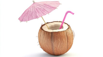 Young coconut water png concept. Coconut drink with straw and pink umbrella, white isolated background.