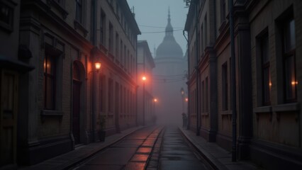 Fototapeta premium Gloomy European Street in Fog: Empty Alleyway with Old Buildings and Distant Dome, Urban Landscape