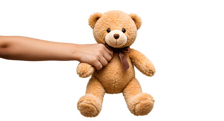 Fototapeta premium Hand holding teddy bear isolated on white background