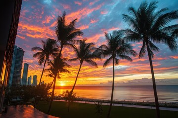 Obraz premium Tropical beach sunset with palm trees and ocean view