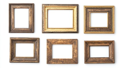 Set of wooden frames with gold accents and distressed edges on white background.