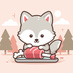 vector image of cute wolf eating meat