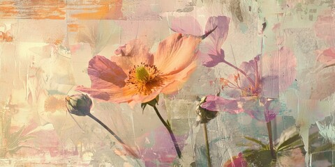 Mixed-media collage poster with flower photography and painted overlays