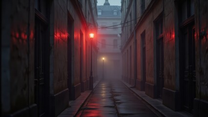 Eerie Parisian Alleyway at Night with Red Light, Foggy Street Scene in France at Dusk