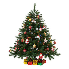 Christmas tree with holiday decorations, wrapped gifts underneath, and a glowing star