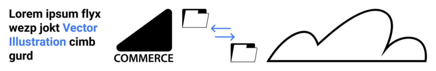 Folder icons with bidirectional arrows connecting a triangle labeled commerce to a simplified cloud sketch. Ideal for data exchange, file storage, connection, business, e-commerce, cloud computing