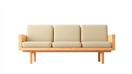 Fototapeta premium A minimalist wooden sofa with three beige cushions on a white background.
