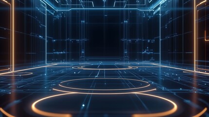 Futuristic digital room with glowing lines