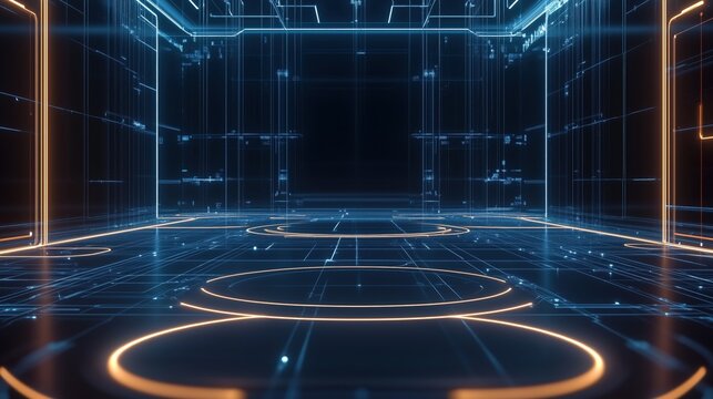 Futuristic digital room with glowing lines