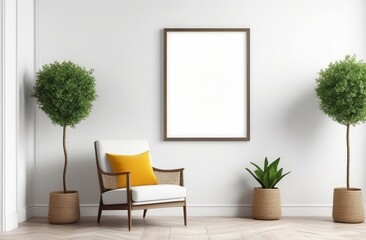 Mockup scene. Empty frame for painting, poster on white wall. Scene with armchair, potted flower. Mockup for designer to present home decor art, print. Minimalist Interior design living room