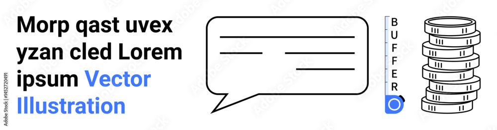 Poster speech bubble with text lines, stacked coins symbolizing wealth or data, vertical sidebar icons. ide