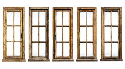 Set of wooden windows with clear glass and lightly weathered wooden frames on white background.