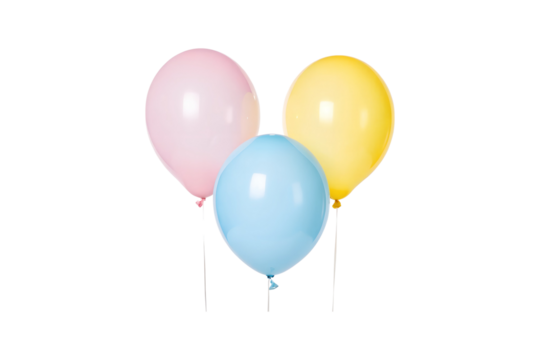 Three colorful and bright balloons, pink, blue and yellow on gray background