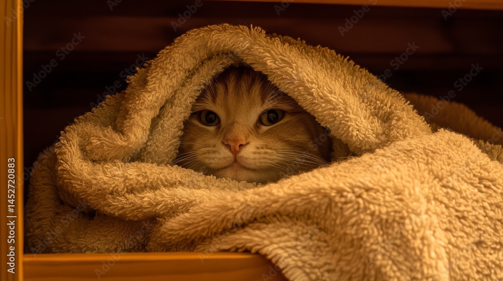 Poster a heartwarming image of a cat peeking out from a bath towel, with only its head visible, showcasing 