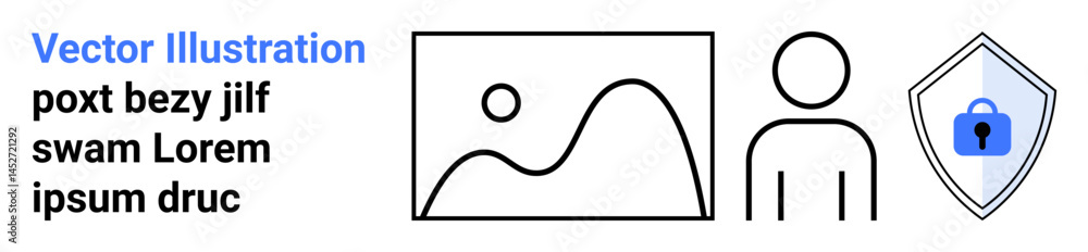 Poster minimalist profile outline beside image gallery icon and data security shield. ideal for privacy, da