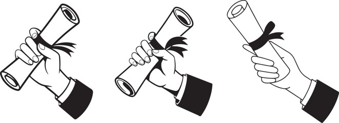  Celebrating Graduation Success Hands Holding Diplomas silhouette outline vector art.