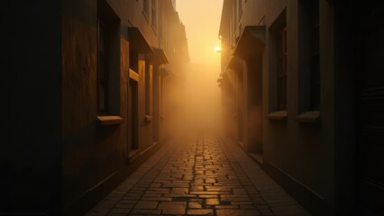 Fototapeta premium Misty European Alleyway: Cobblestone Street in Fog, Architectural Detail & Golden Light - Atmospheric Urban Scene