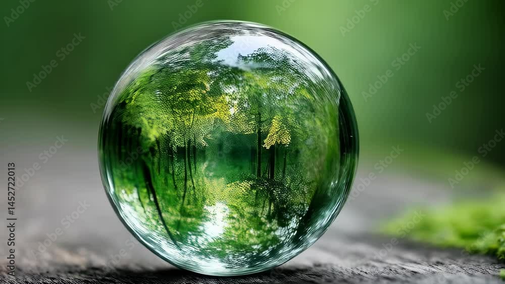 Poster nature preserved: capturing a forest landscape within a glass sphere resting on rustic wooden surfac