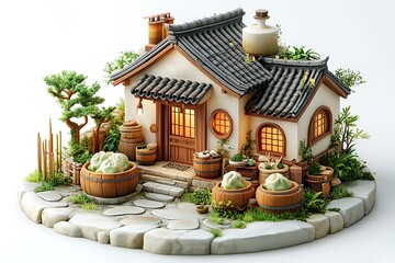 Obraz premium Miniature asian house surrounded by dumplings and lush garden landscape