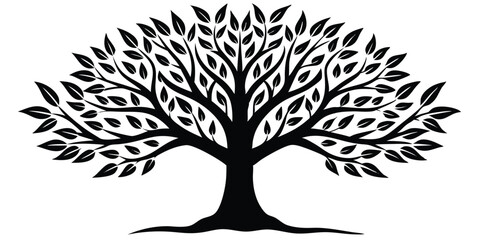 Obraz premium The Majestic Oak: A striking silhouette of a robust oak tree against the open canvas, its branches reaching upwards, adorned with delicate leaves, representing strength, resilience.