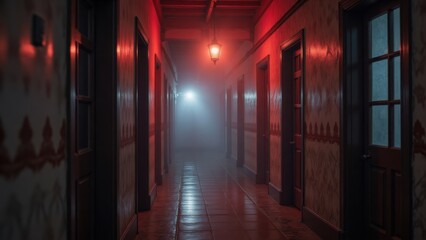 Creepy Hotel Corridor with Red Lighting and Fog, Haunted House Interior, Spooky Hallway, Mystery, Horror Concept