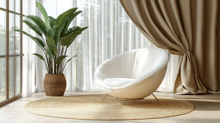 Cozy, minimalist room with a modern armchair, natural elements, and large windows