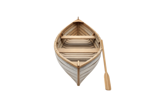 Wooden rowboat with a single oar isolated on a plain gray background