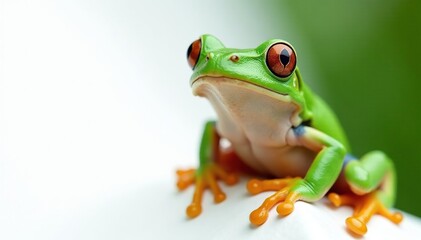 Green tree frog perched on white, vibrant skin, bright, wildlife, single frog