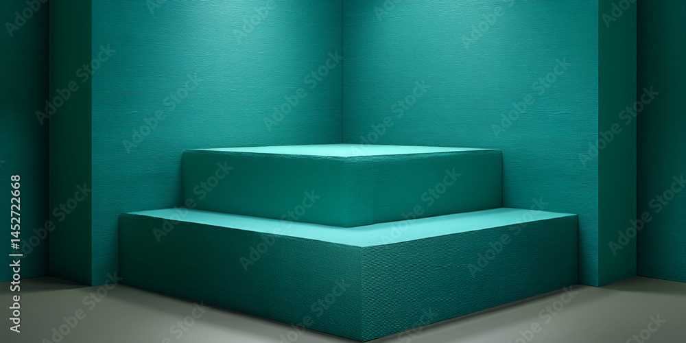 Poster two-tiered teal platform against textured teal wall, creating a minimalist product display scene moc