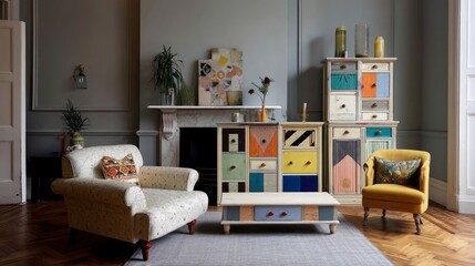 Living Room Furniture with Colorful Drawers and Armchair