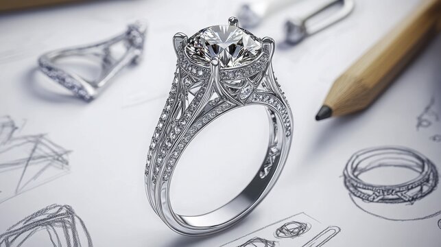 Intricate diamond engagement ring with sketches of different design drafts, showcasing the jewelry design process