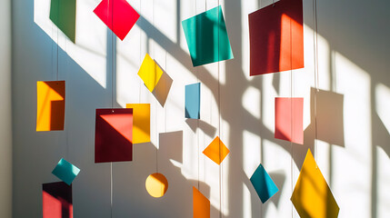 Colorful geometric shapes suspended by strings create an artful modern mobile against a white backdrop.