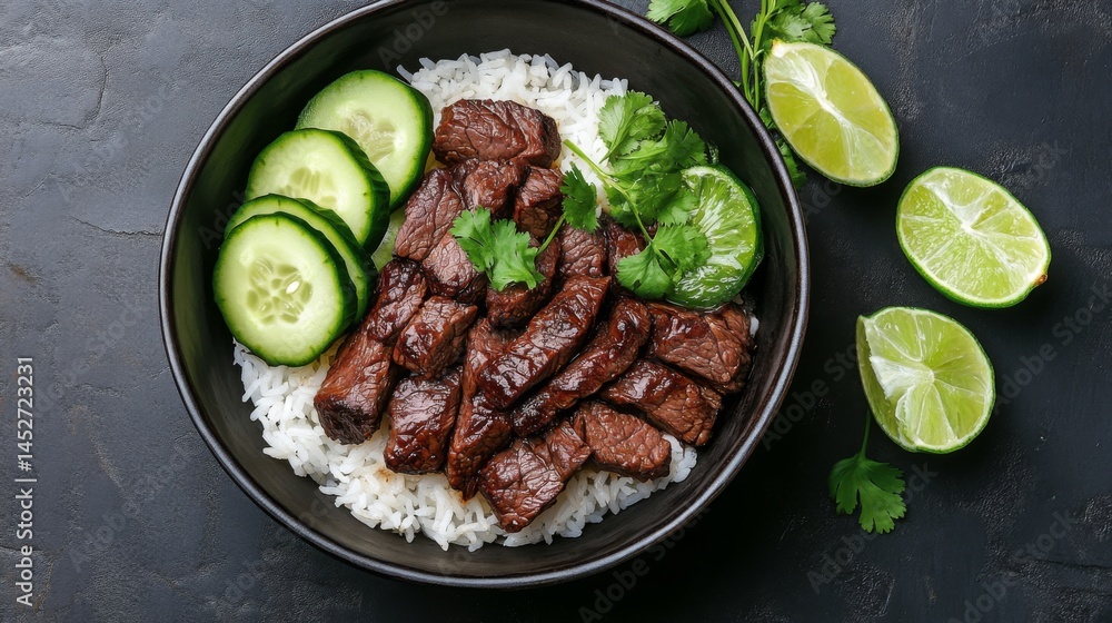 Poster a mouthwatering image of beef rice in a deep bowl, with the beef marinated in a savory sauce, accomp