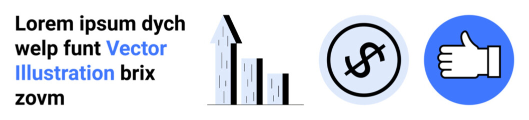 Obraz premium Bar chart as rising buildings, coin with dollar sign, and a thumbs-up highlight success, growth, finance, performance, and feedback. Ideal for finance, growth ideas teamwork goals success simple