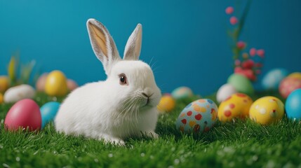 Obraz premium White easter bunny is sitting on green grass with colorful easter eggs and a blue background